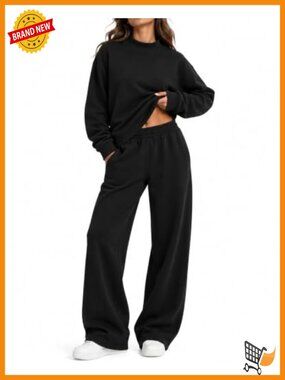 Women's 2 Piece Cotton Sweatsuit Mock Neck Sweatshirt Wide Leg Pants Lounge Set